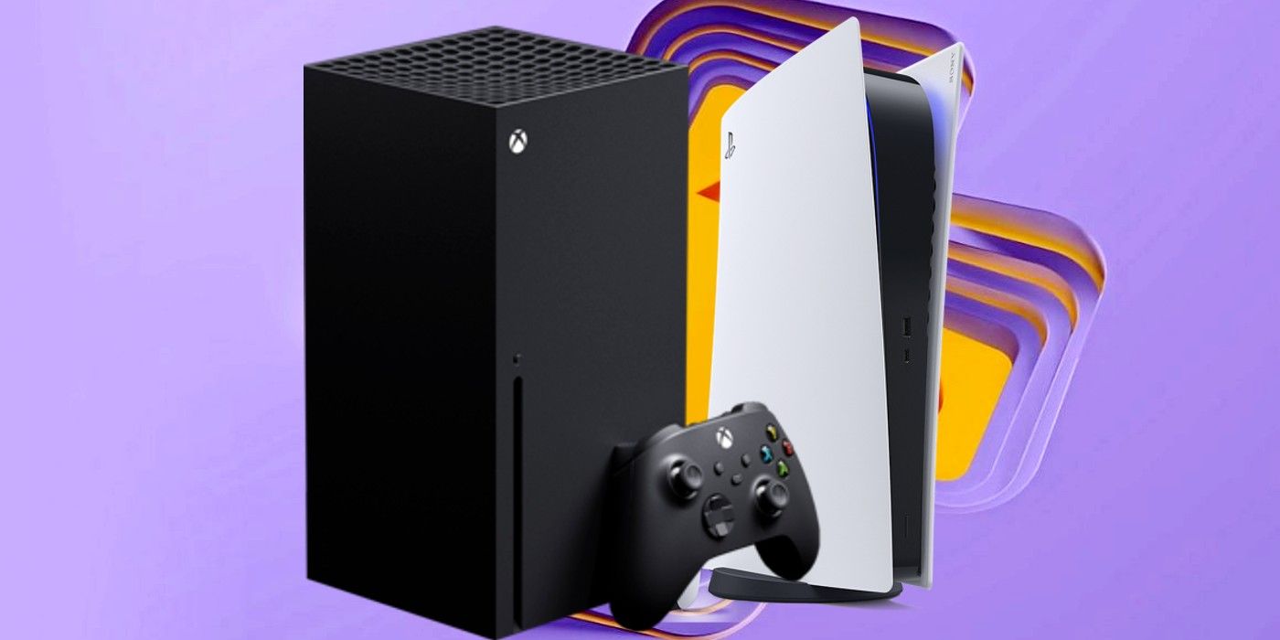 An Xbox Series X beside a PS5, with the PS Plus logo behind them.