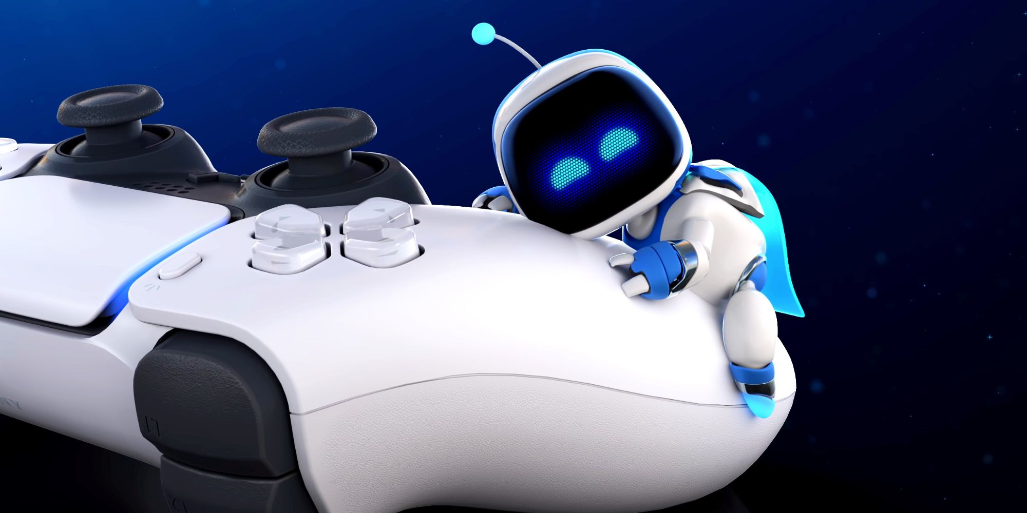 Astro Bot hugging the left handle of a DualSense controller, with a happy expression on its robotic screen face.