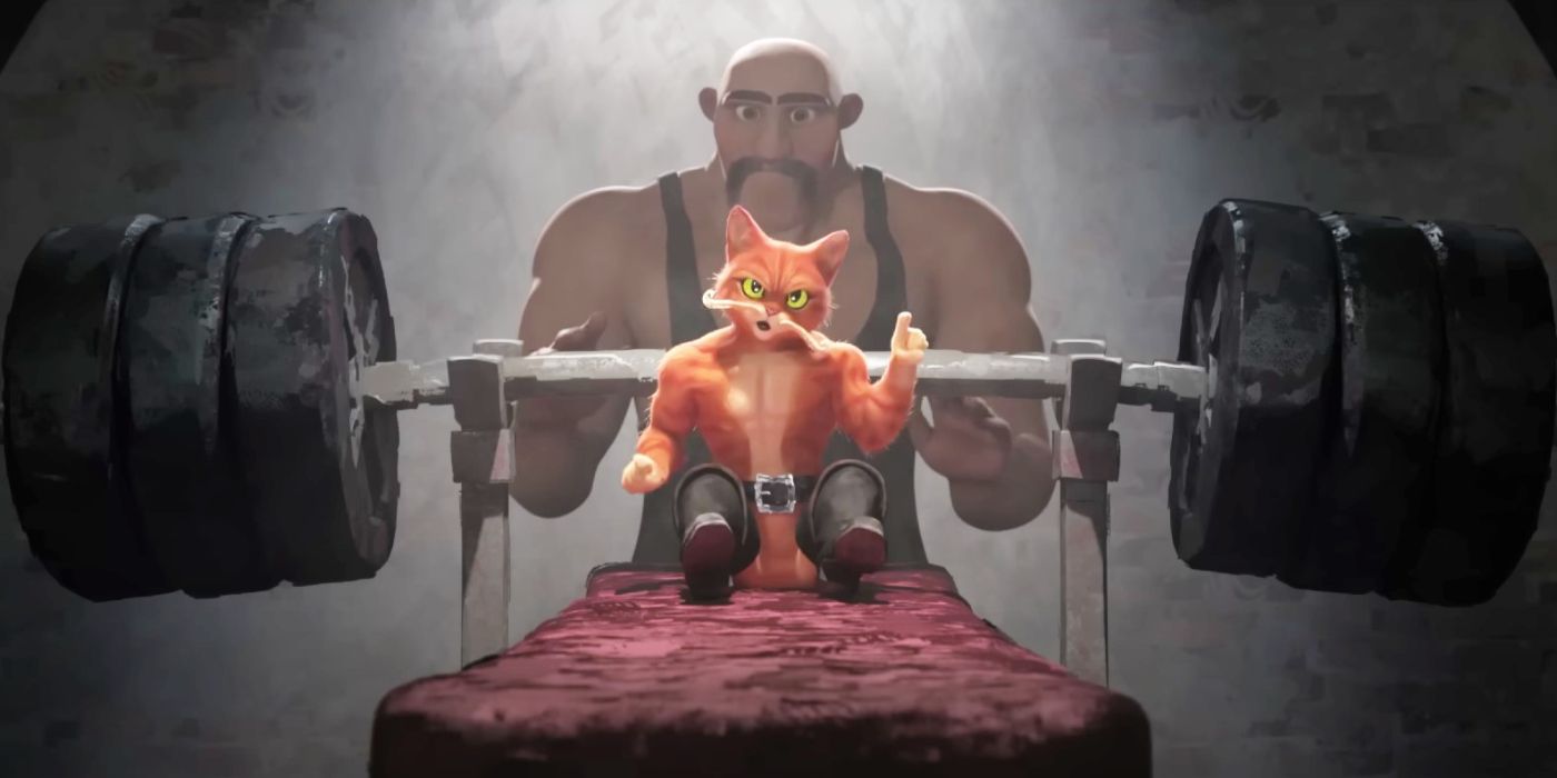 Puss getting ready to lift weights in Puss in Boots: The Last Wish with spotter behind him