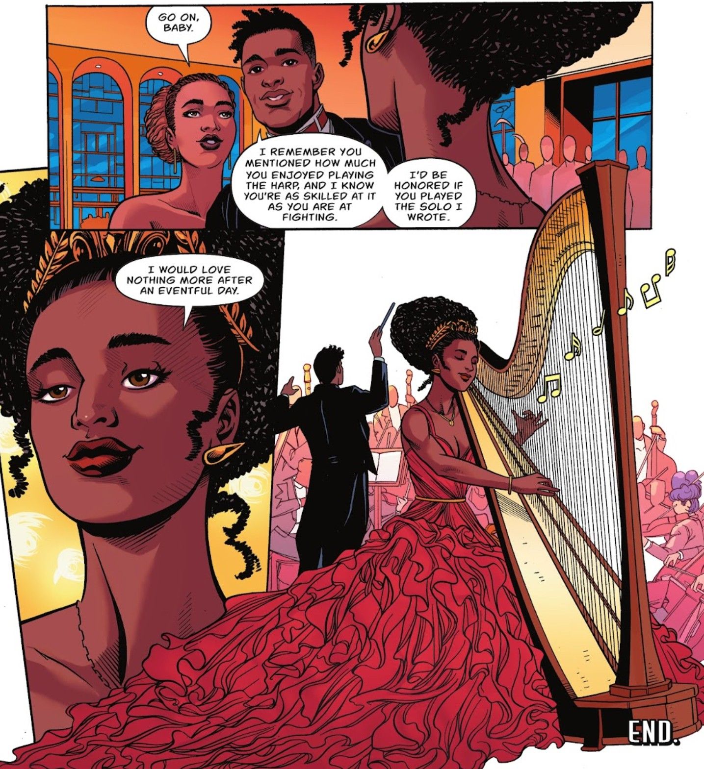 Rainha Nubia em vestido vermelho com babados tocando harpa