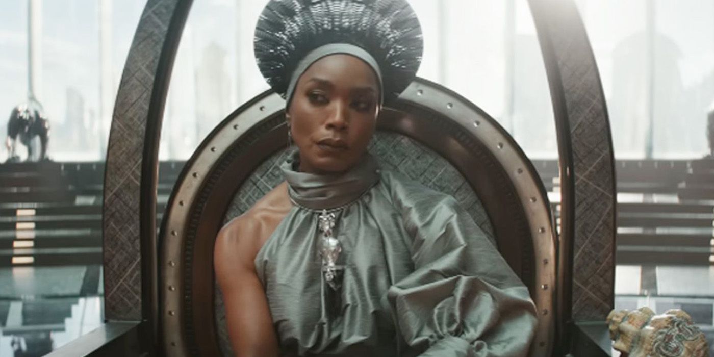 queen ramonda on the throne in black panther wakanda forever