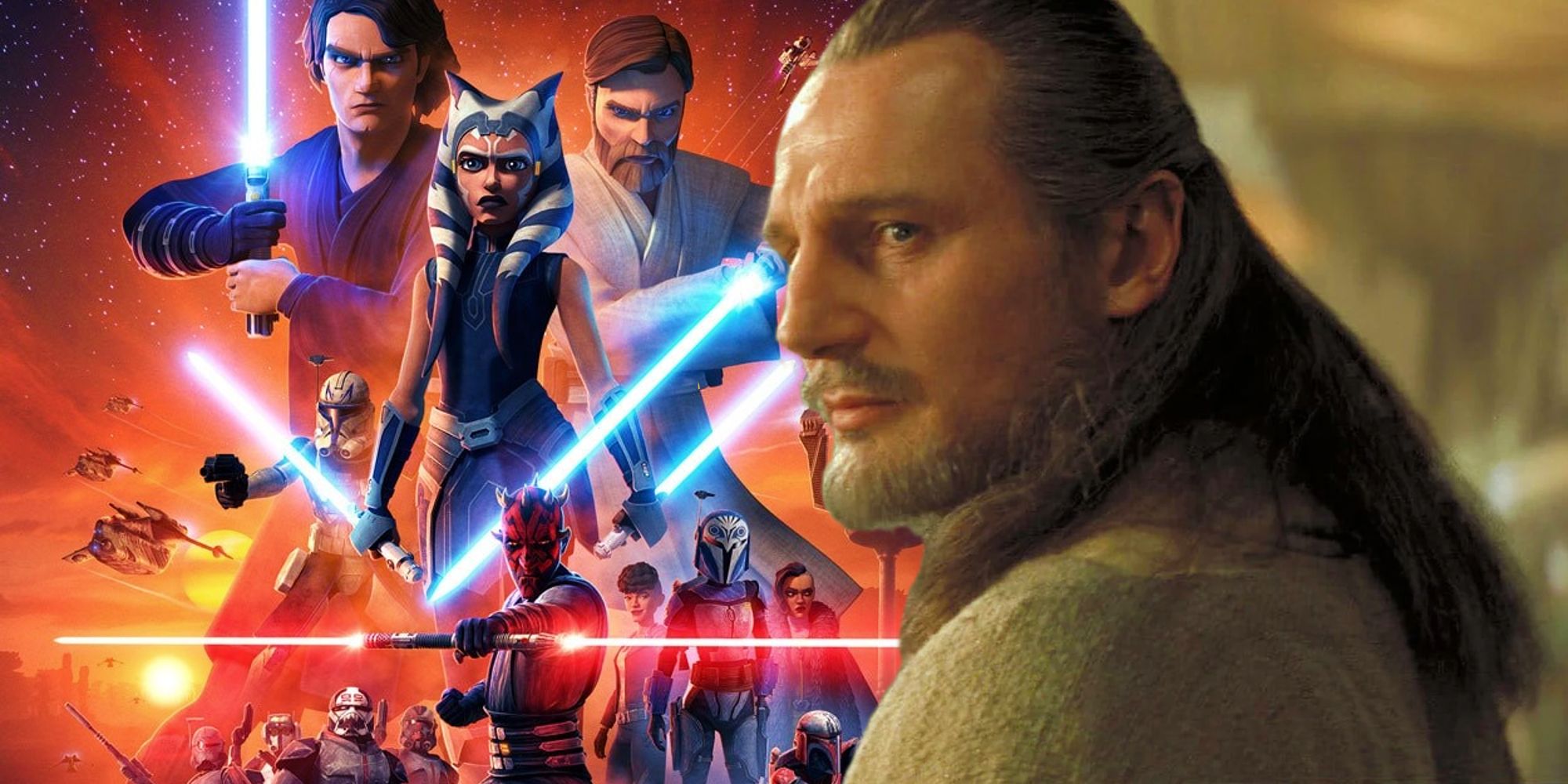 Qui-Gon Jinn looking over his shoulder in Star Wars: The Phantom Menace and the season 7 poster for Star Wars: The Clone Wars