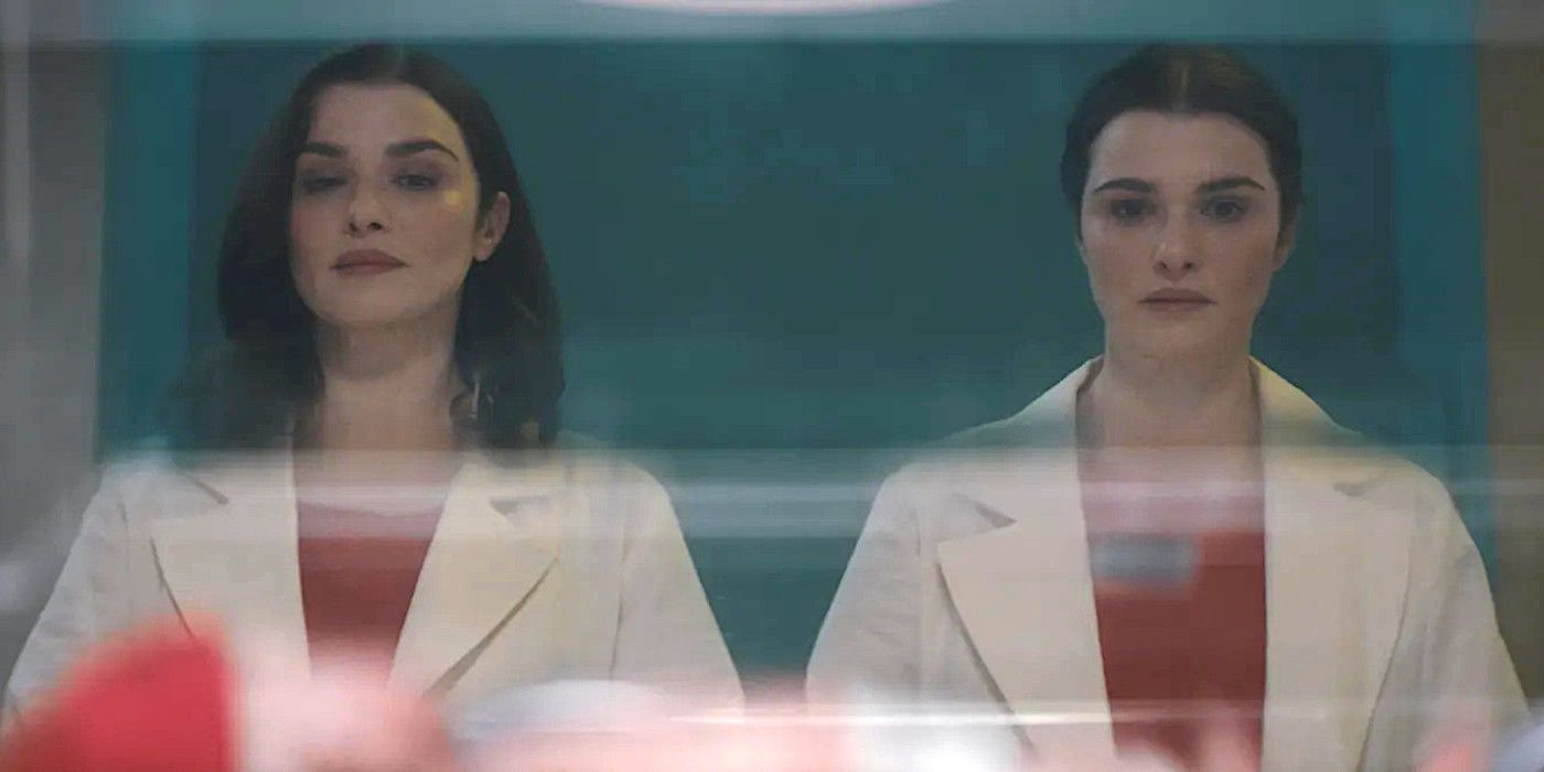 Rachel Weisz as twins in Dead Ringers, both looking identical except one wears her hair up, the other down