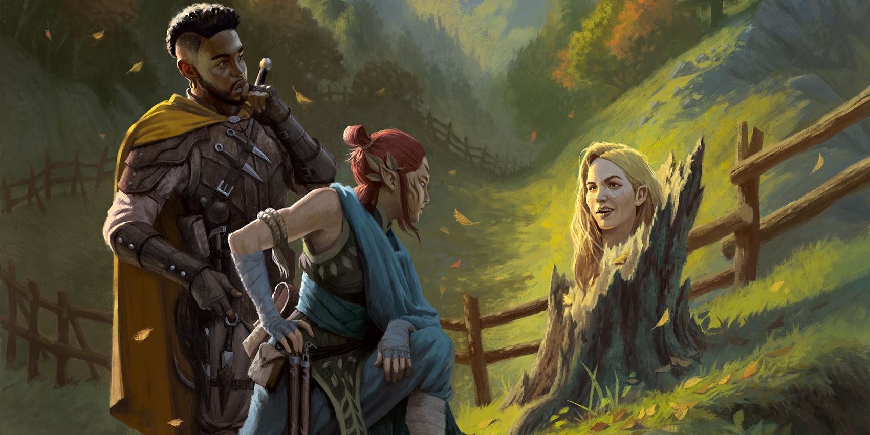 A disembodied head floating above a tree stump talks to two adventurers.