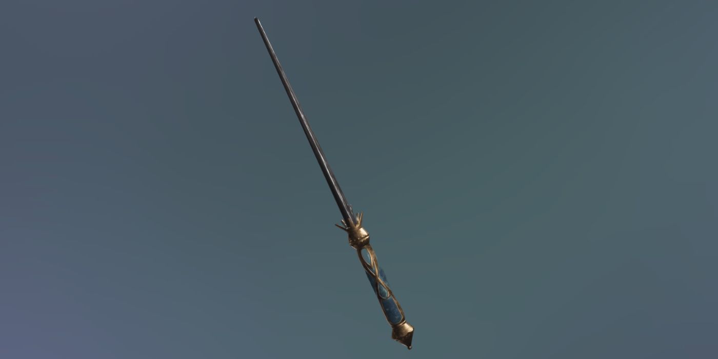 A render of the Regal Blue Wand Handle on a black wand in Hogwarts Legacy.
