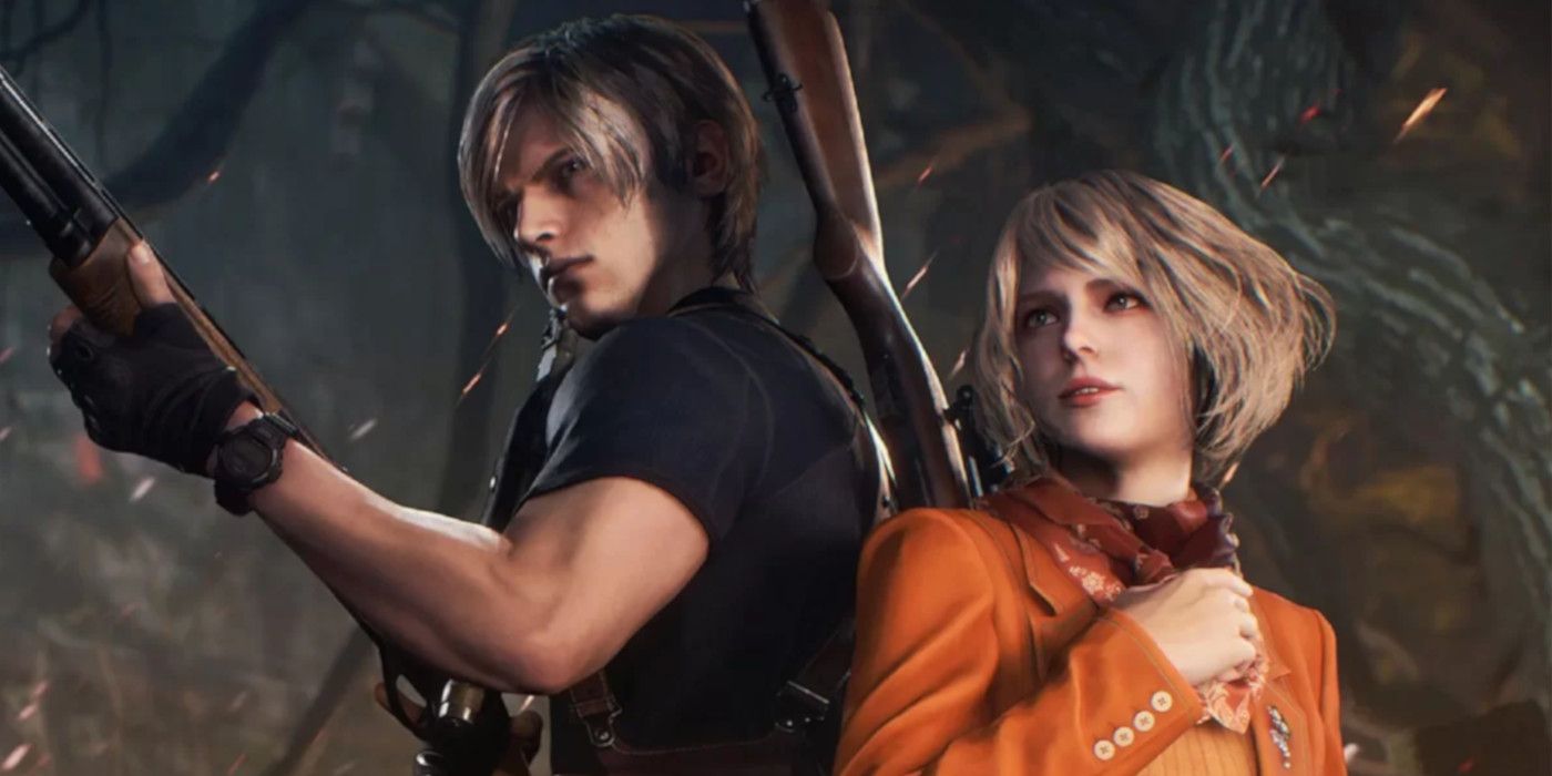 Leon from the Resident Evil 4 Remake wields a shotgun, protecting Ashley.