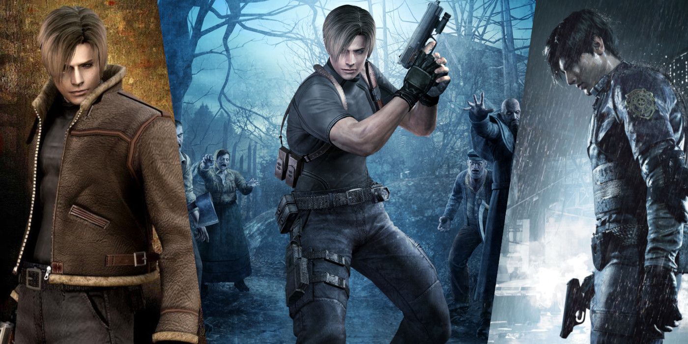 Three versions of Resident Evil's Leon Pose: Resident Evil 4, Resident Evil 2 and Resident Evil 2 Remake.