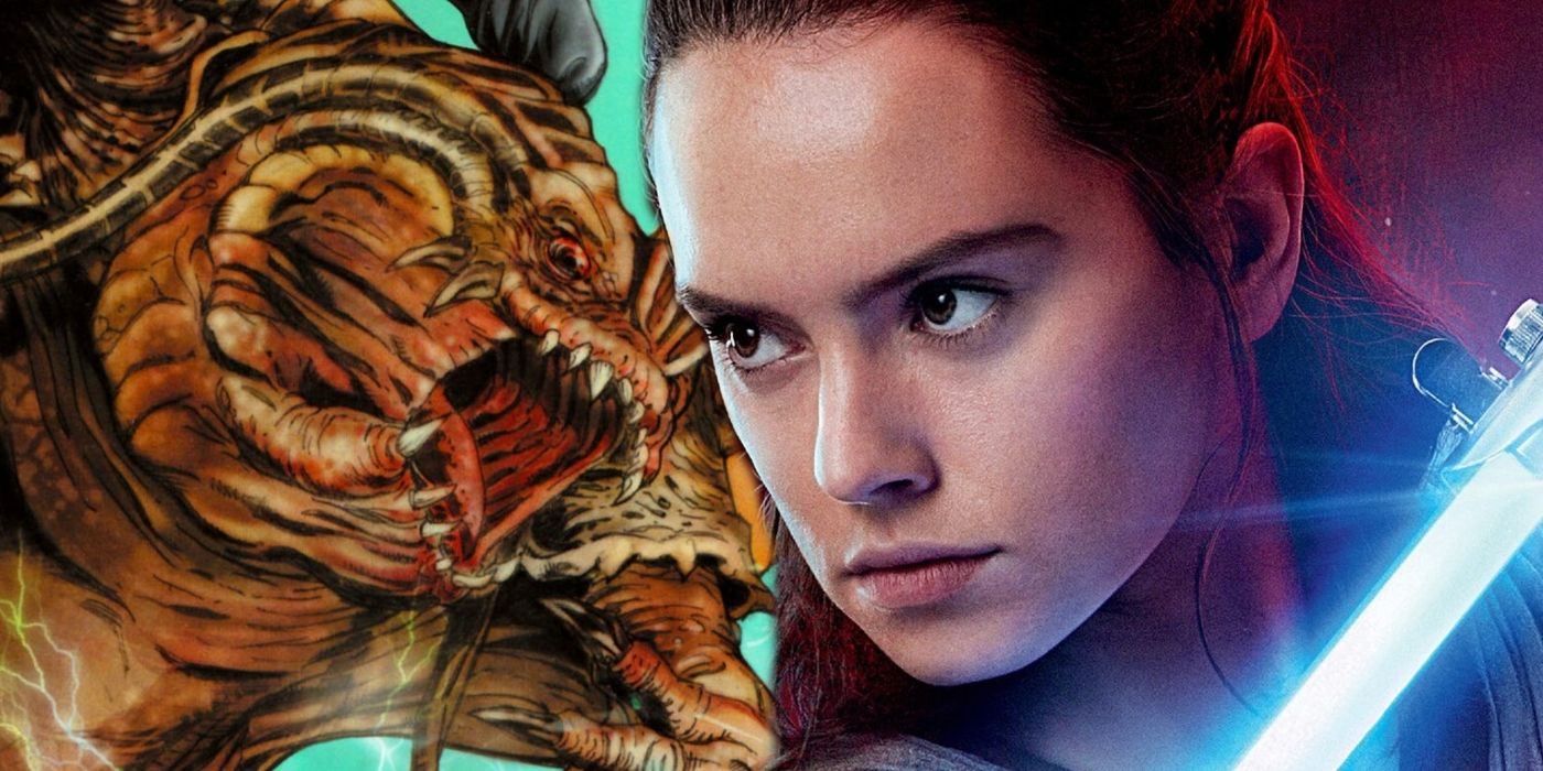 Star Wars' Rey and the Rancor-Dragon.