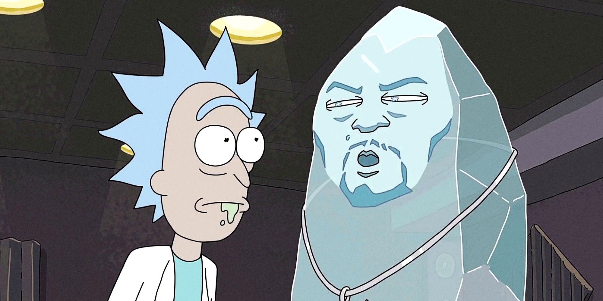 Rick and a frozen Ice-T staring at one another in Rick & Morty season 2