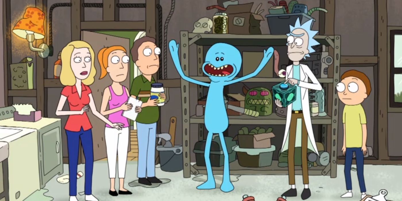 Rick and Morty and the family with a Meeseeks.