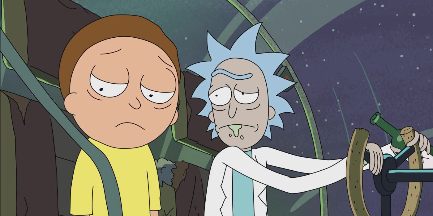 Rick looking at Morty, who seems sad, in Rick and Morty