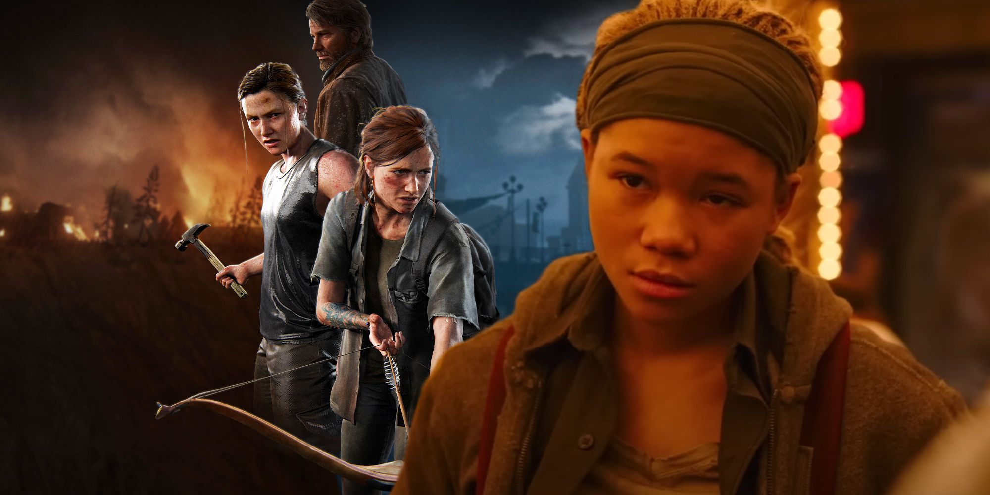 Storm Reid as Riley looking sad in HBO's Last of Us and the poster for The Last of Us Part II