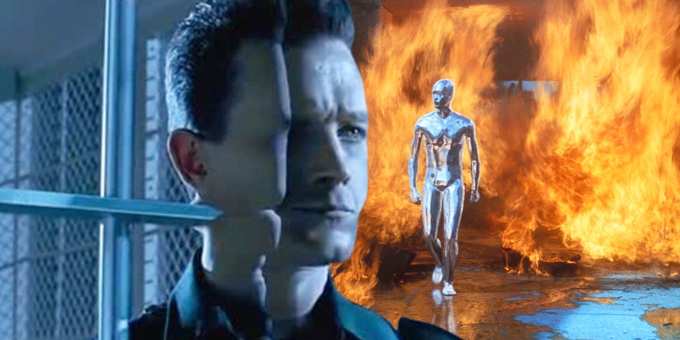 Colagem de Robert Patrick como o T-1000 enquanto atravessa as grades da prisão e caminha pelo fogo com sua aparência prateada real exposta em Terminator 2: Judgment Day