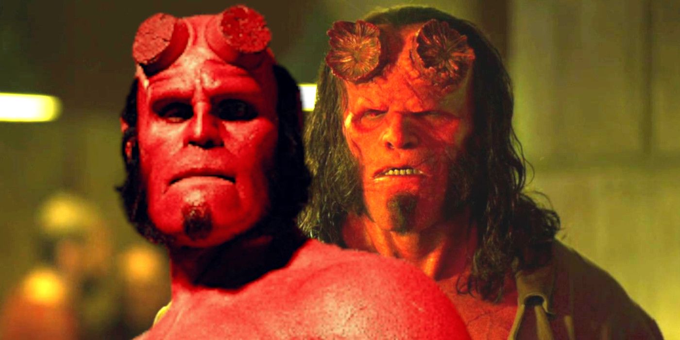 Ron Perlman dans le rôle de Hellboy posant héroïquement sur fond de David Harbour dans le rôle de Hellboy, effrayant et bizarre