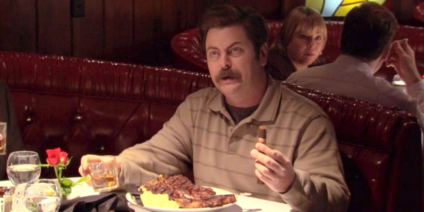Nick Offerman as Ron Swanson eating dinner on Parks and Recreation.