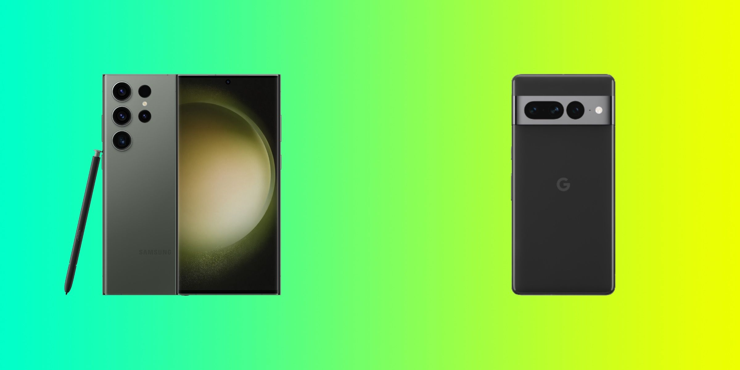 O S23 Ultra ao lado do Pixel 7 Pro contra um fundo gradiente verde e amarelo.