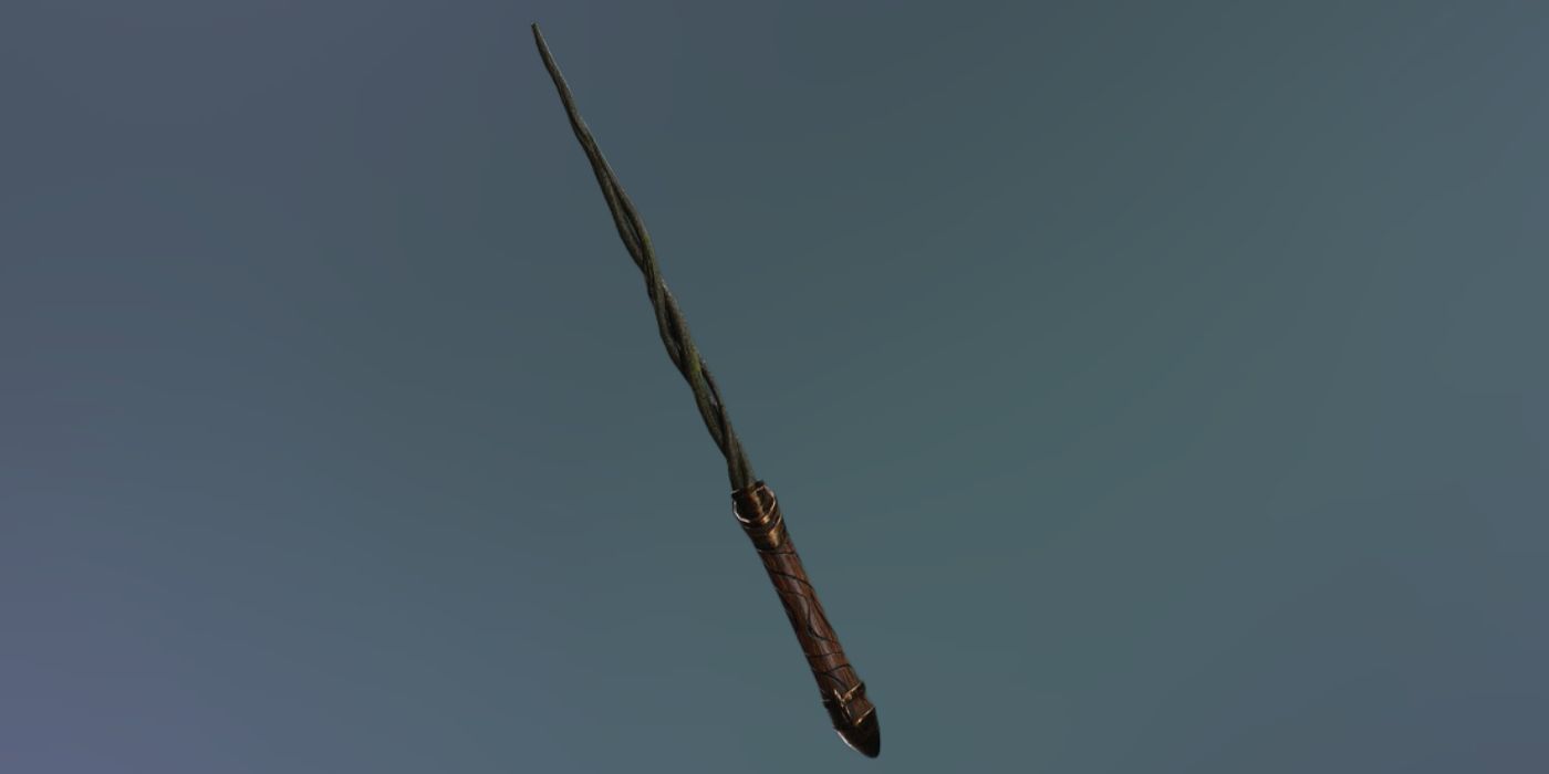 A render of the Sabre Brown Wand Handle on a grey twisted wand in Hogwarts Legacy.