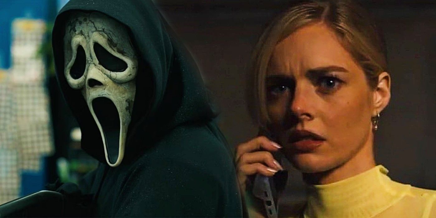 Samara Weaving is on the phone looking scared while  Ghostface looks back in a bodega in Scream 6