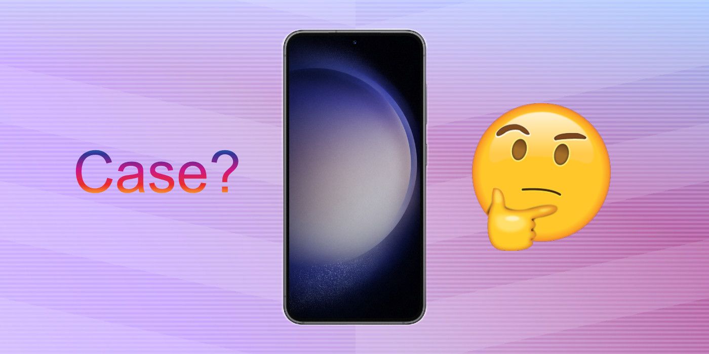 Samsung Galaxy S23 pictured from the front with a thinking emoji on one side and the word &lsquo;case&rsquo; written on the other