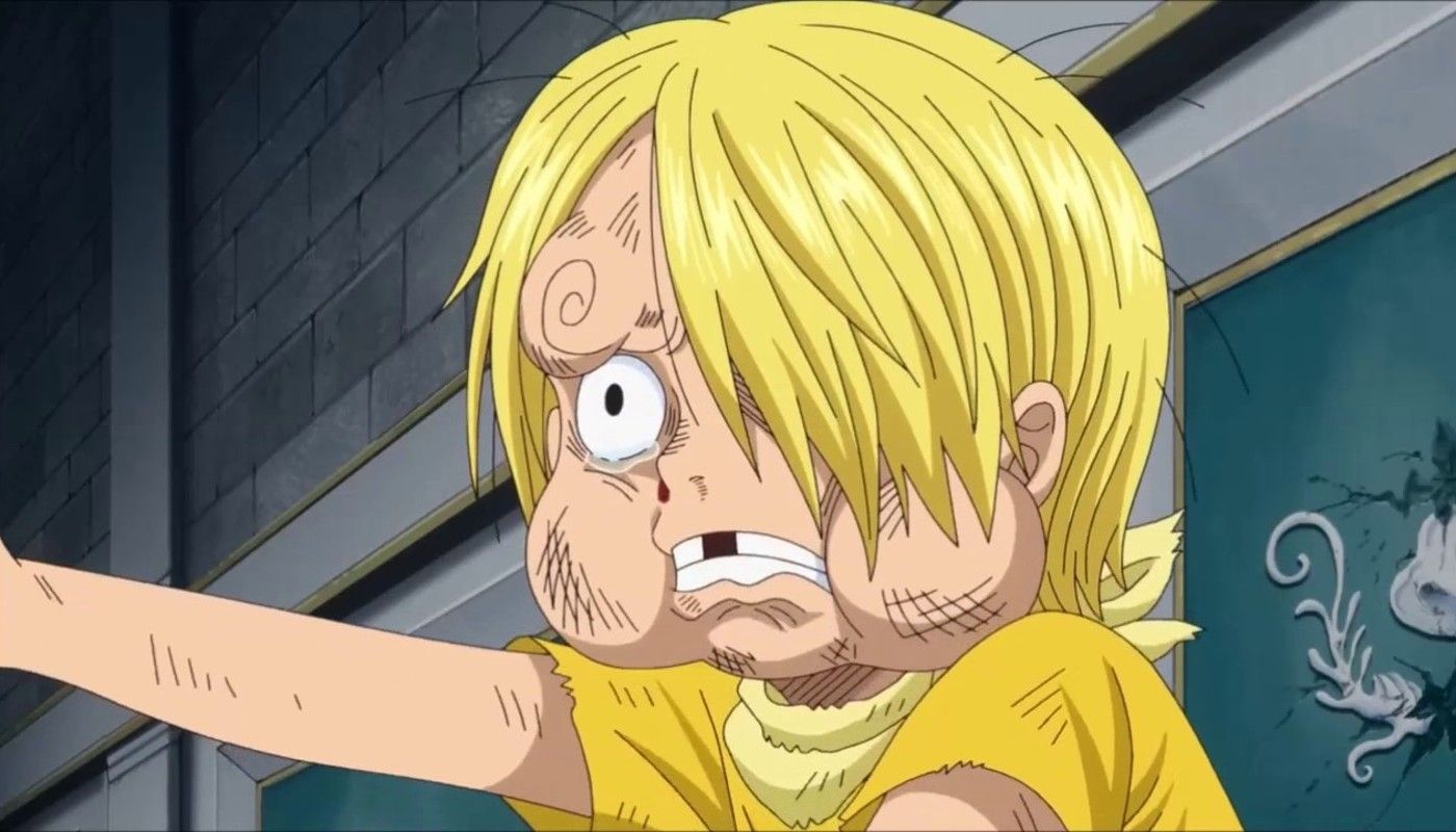 Sanji as a kid in One Piece with swollen cheeks and bruises looking to the side