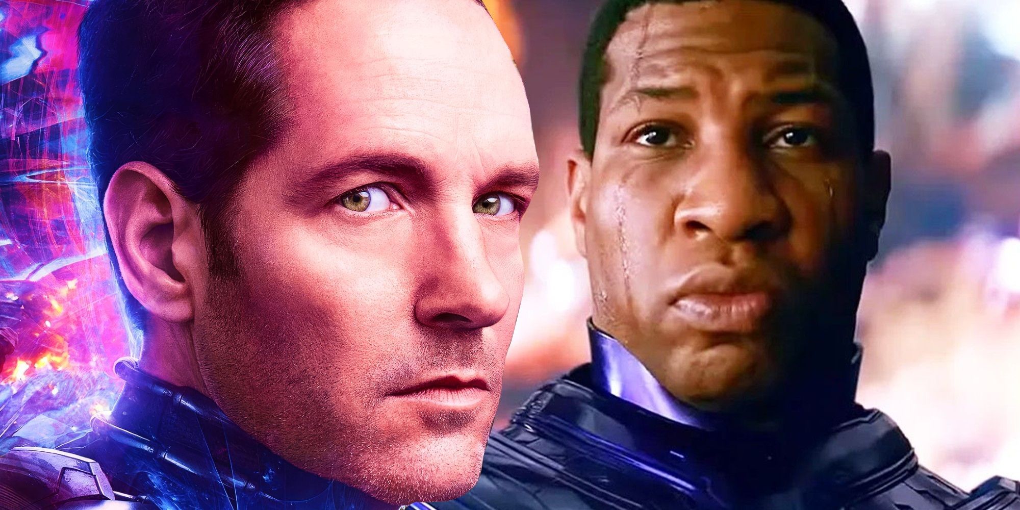 Split Image of Scott Lang (Paul Rudd) character poster; Kang the Conqueror (Jonathan Majors) overlooking his kingdom