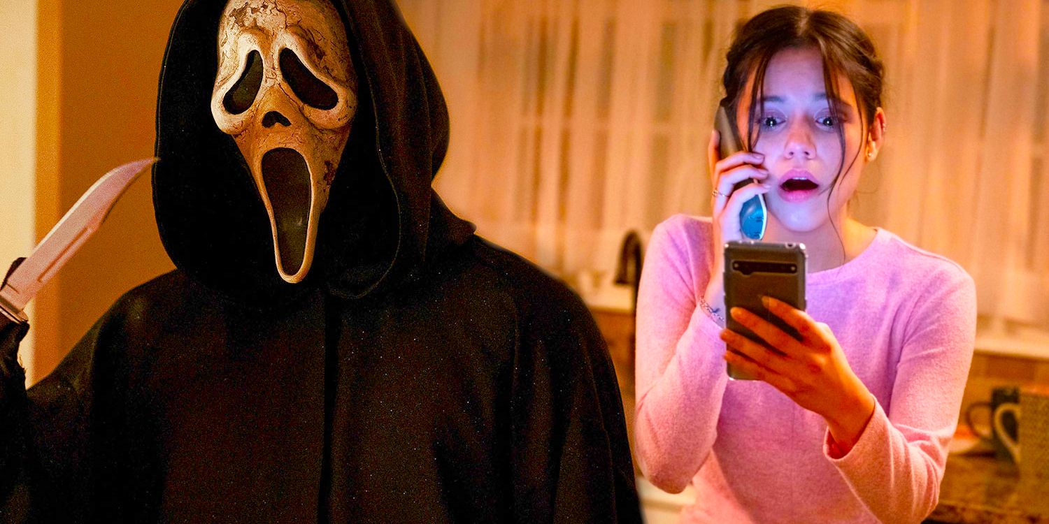 Split image of Ghostface holding a knife and Jenna Ortega scared while reading her phone in Scream 5