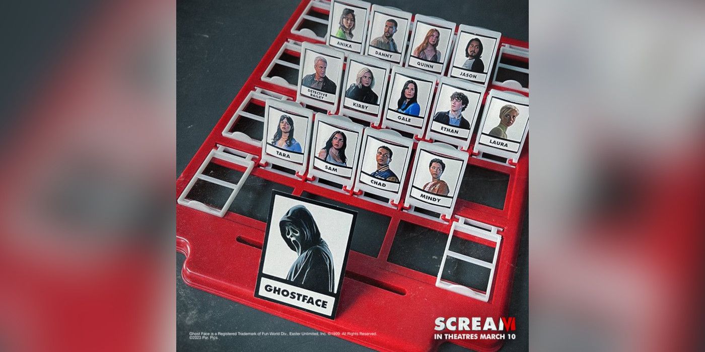 Movie poster for Scream 6 with cards showing the faces of the various characters propped up on a plastic game board with Ghostface cards in front