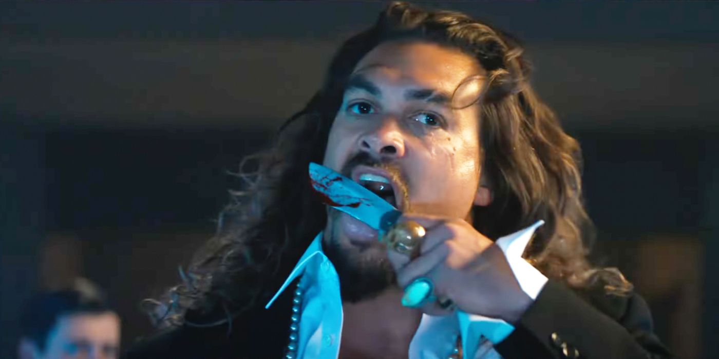 Jason Momoa licking blood off of a knife in the Fast X trailer