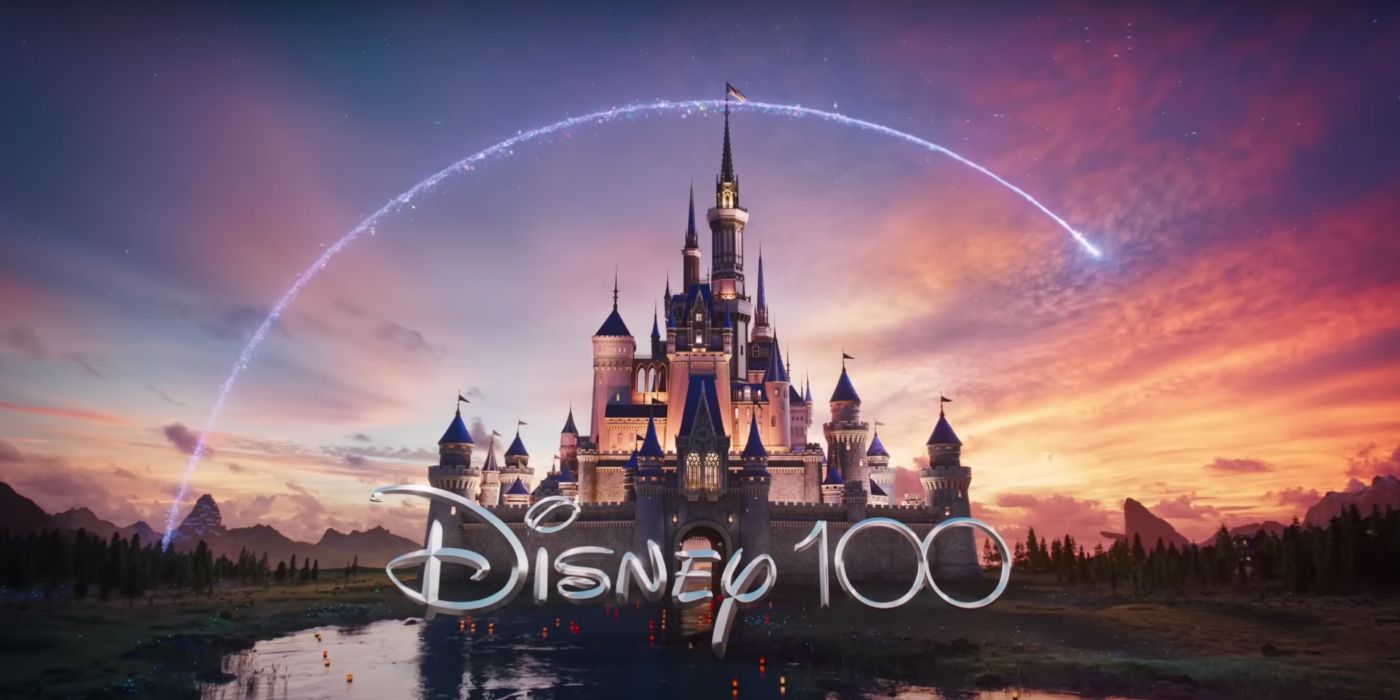 Disney celebrating 100 years with "Disney 100" over their castle