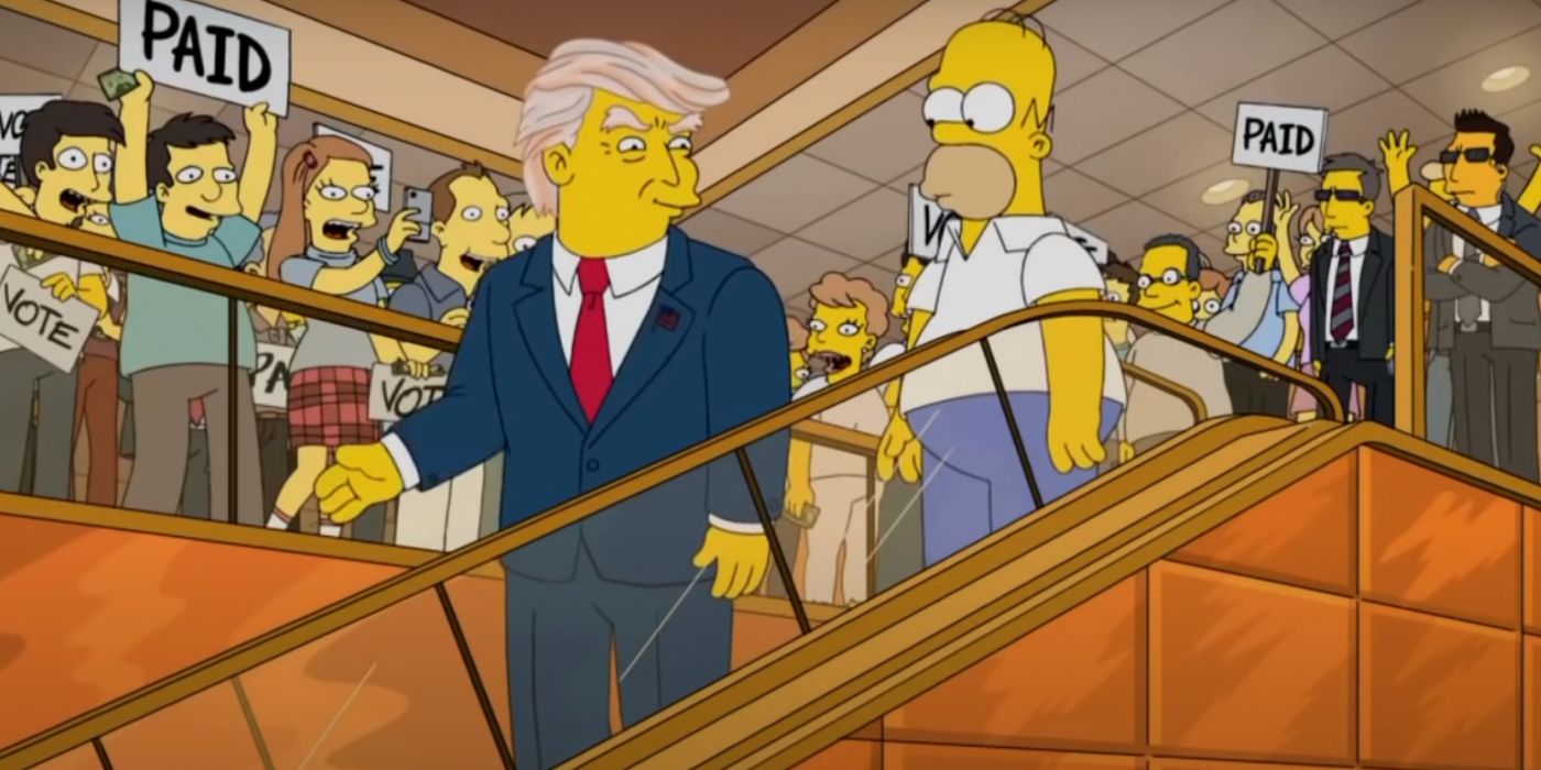 Donald Trump slowly going down a escalator after announcing presidency in The Simpsons