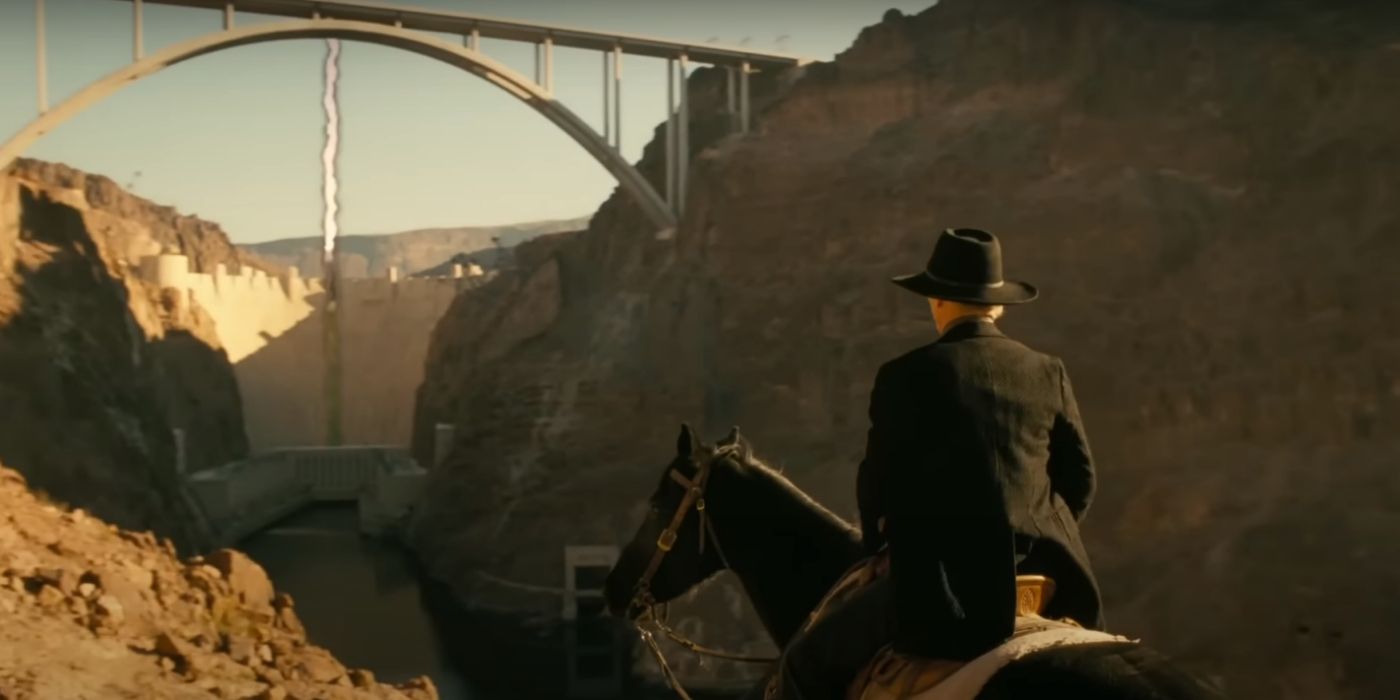 Westworld, a host riding on a horse toward a bridge