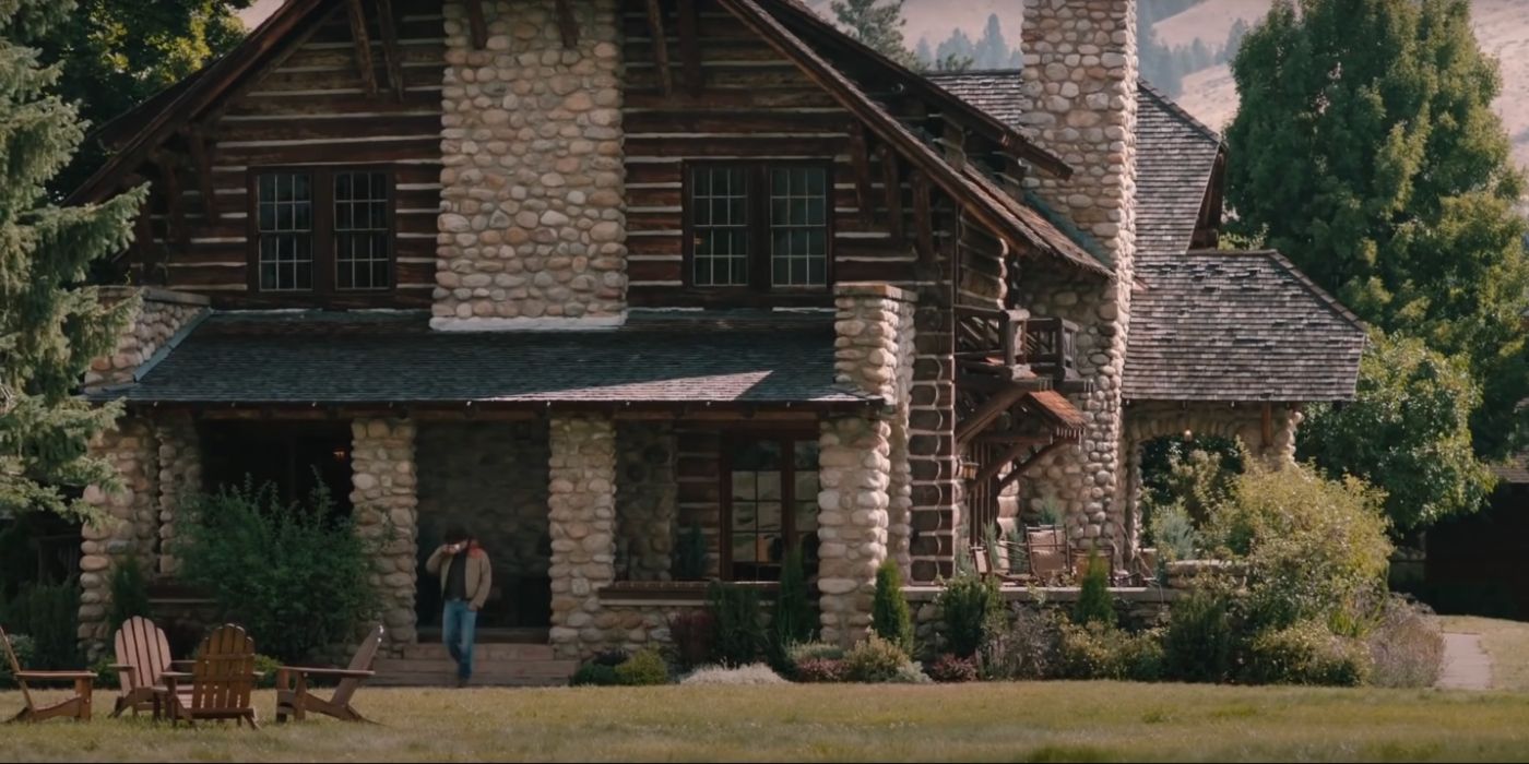 The Yellowstone ranch with John Dutton (Kevin Costner) drinking outside