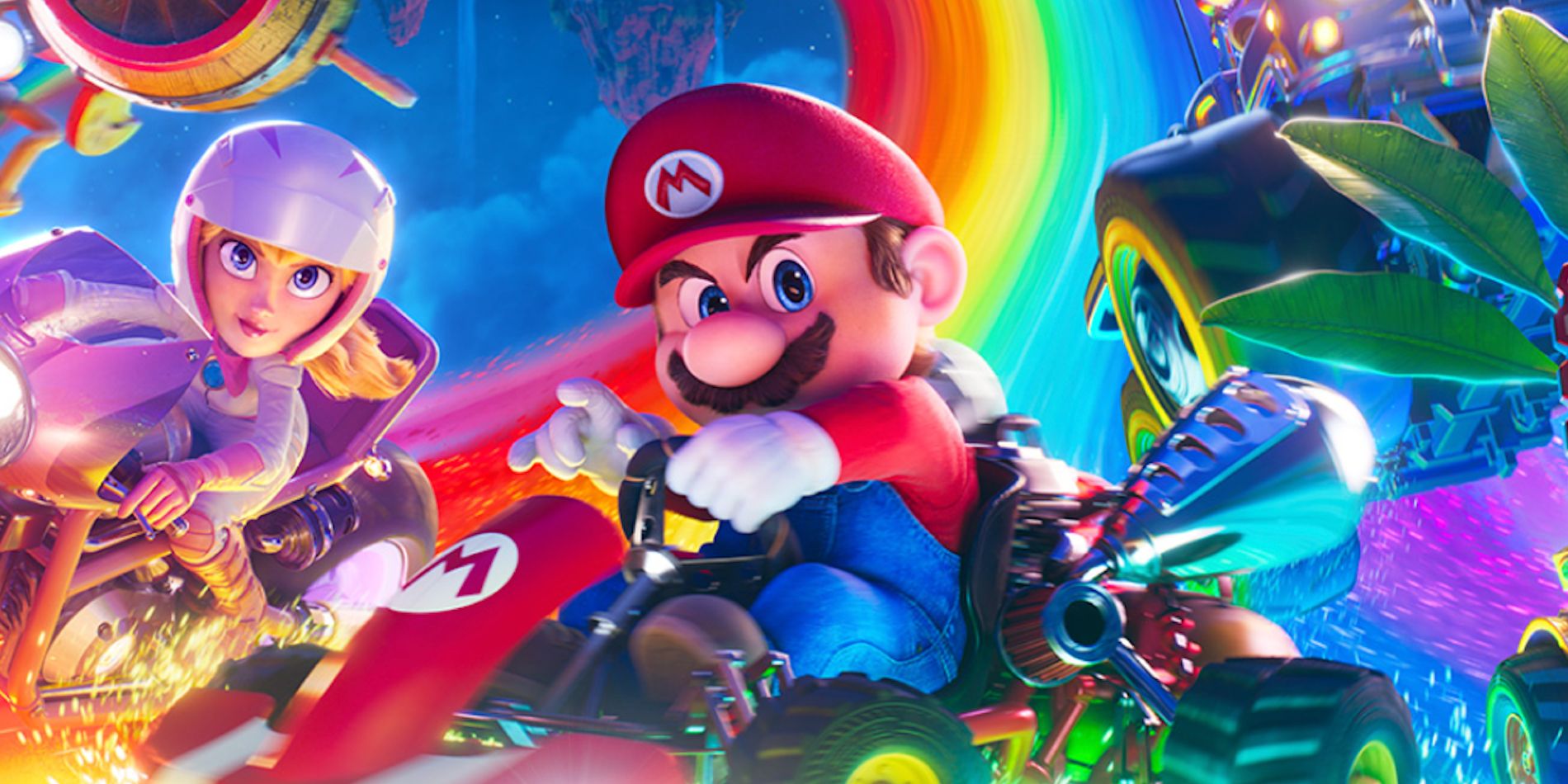 The Super Mario Bros. movie poster shows  Mario Kart with Peach, Mario, and others racing down a rainbow road
