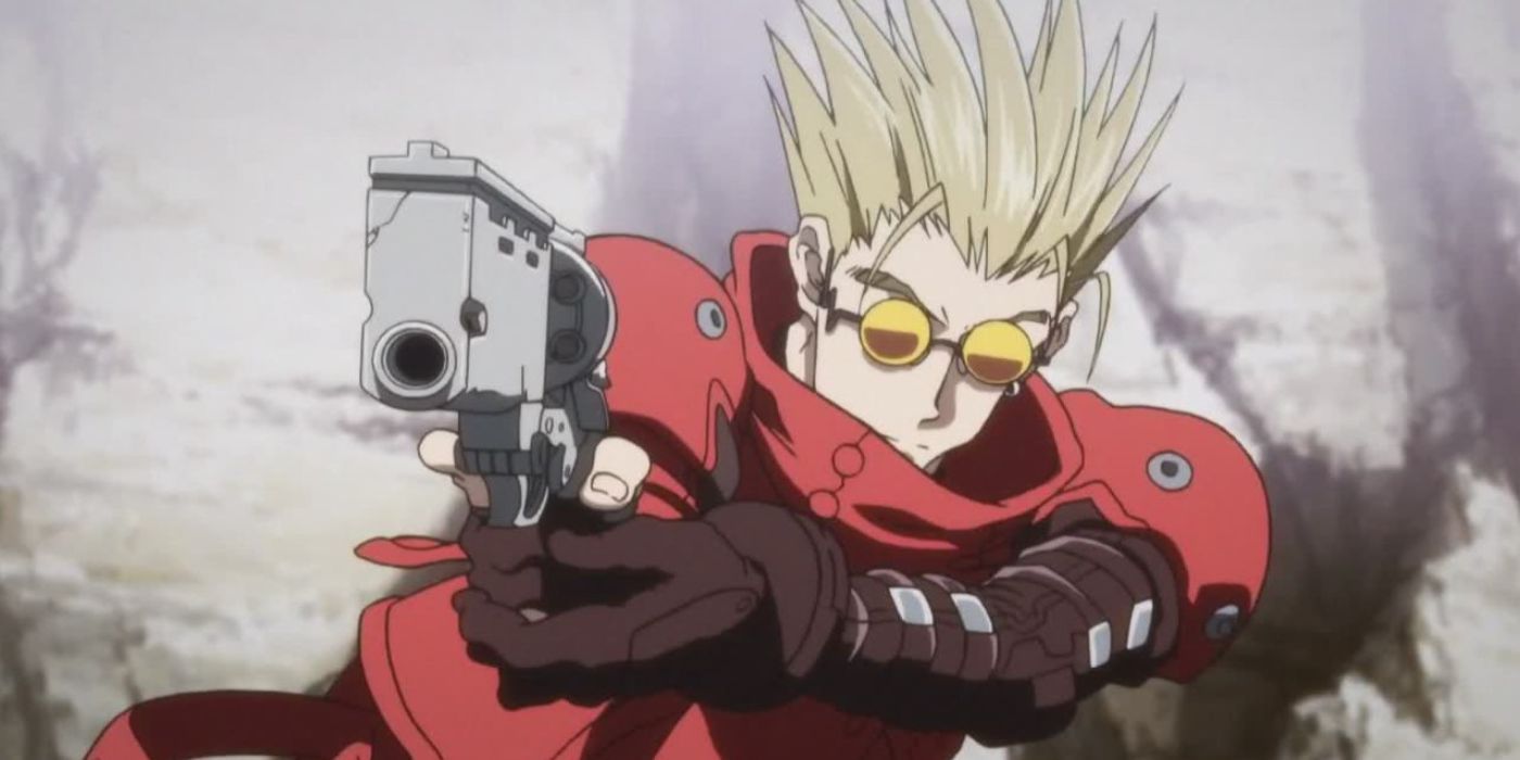 Vash the Stampede mengarahkan senjatanya dalam film Trigun.