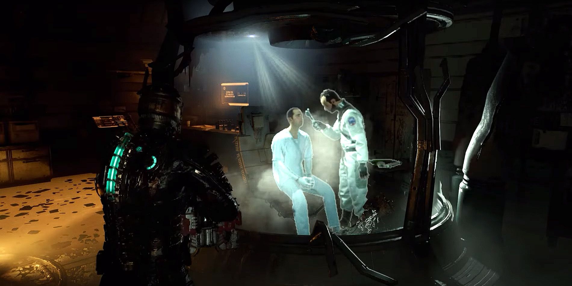 Isaac watching a hologram of Dr. Mercer and a patient in Dead Space Remake