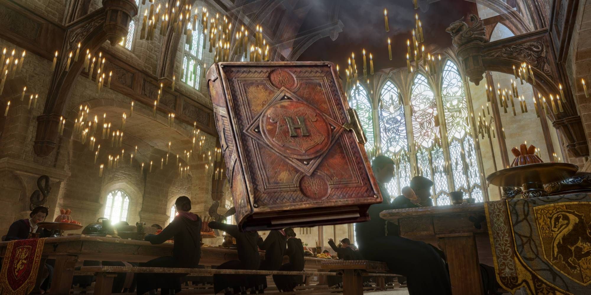 Hogwarts Legacy Field Guide Page Book with The Great Hall Background Featuring Multiple Students Eating and Magical Cieling with Weather Change