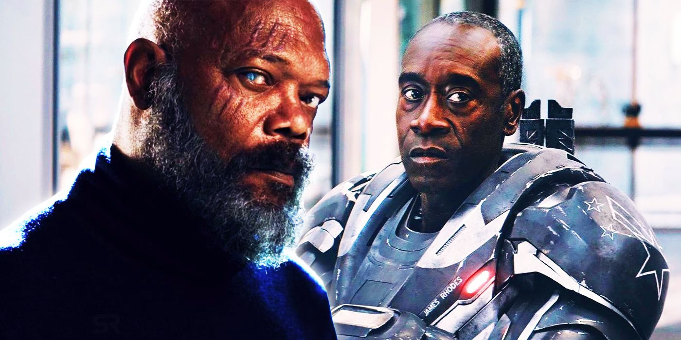 Image split: Nick Fury (Samuel L. Jackson) promotional shot for Secret Invasion;  War Machine (Don Cheadle) is unmasked in Avengers: Infinity War