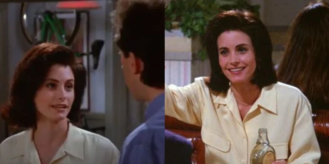 Split image of Meryl looking serious and smiling at a restaurant on Seinfeld