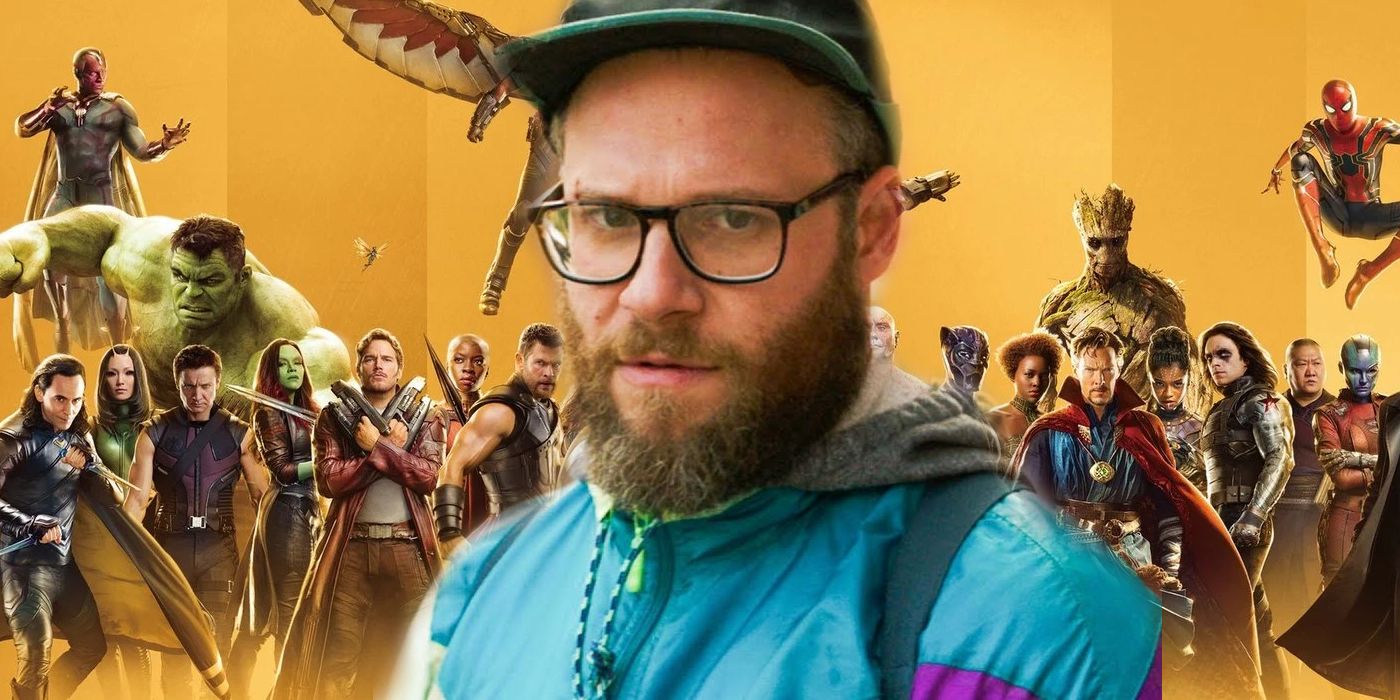 Seth Rogen overlayed with MCU 10th Anniversary poster