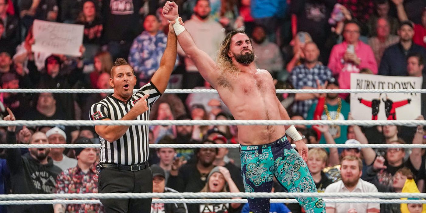 Seth Rollins has his hand raised after beating Chad Gable in a Elimination Chamber qualifying match on WWE Monday Night Raw.