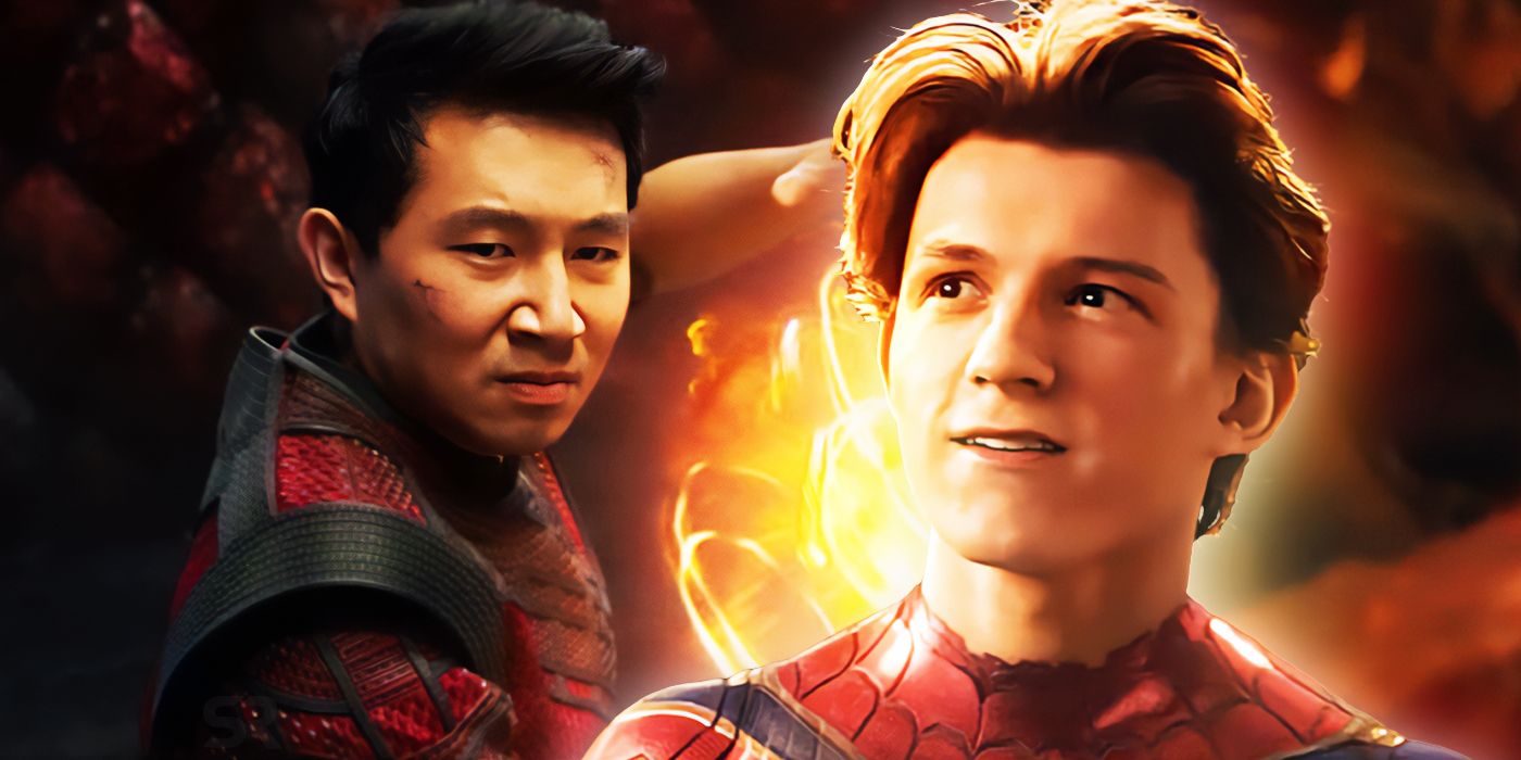 Split Image: Shang-Chi (Simu Liu) generates cosmic energy with his rings, an unmasked Spider-Man (Tom Holland) looks wistful
