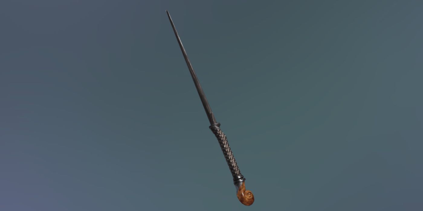 A render of the Shell Metallic Wand Handle on a black wand in Hogwarts Legacy.