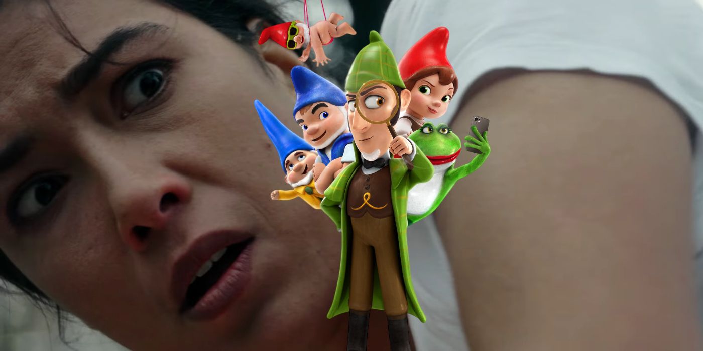 Sherlock gnomes in front of a woman who is afraid