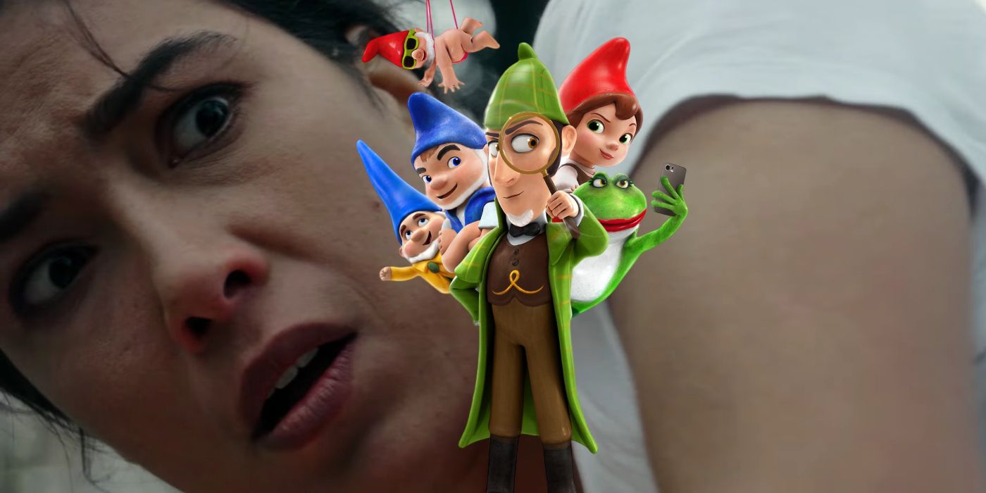 Sherlock Gnomes in Front of Scared Woman