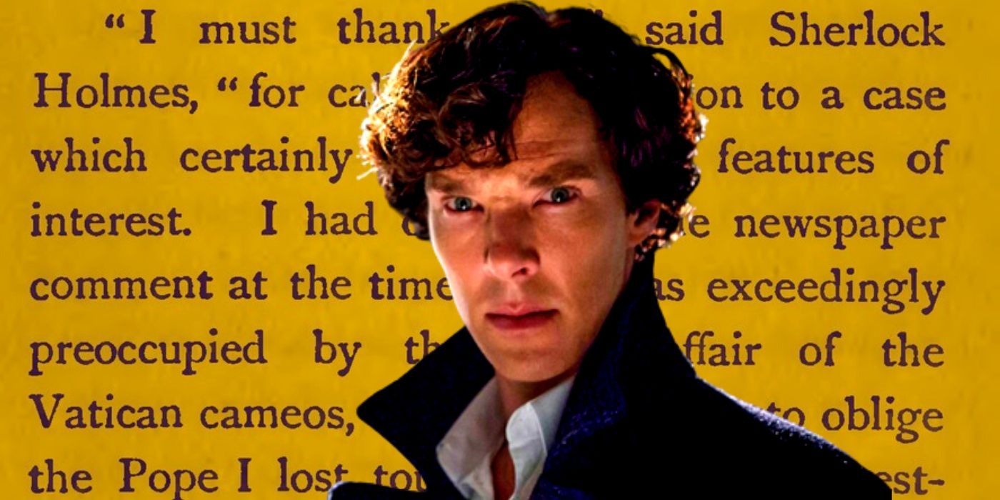 Sherlock standing in front of text