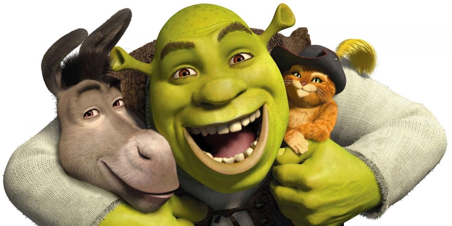 Shrek hugging Donkey and Puss in Boots in the Shrek fanchise