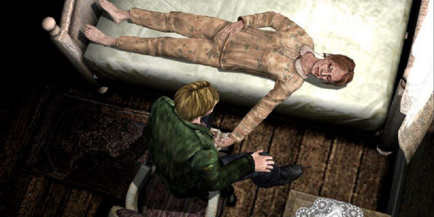 James sits at the bedside of his sick wife, Mary, in Silent Hill 2