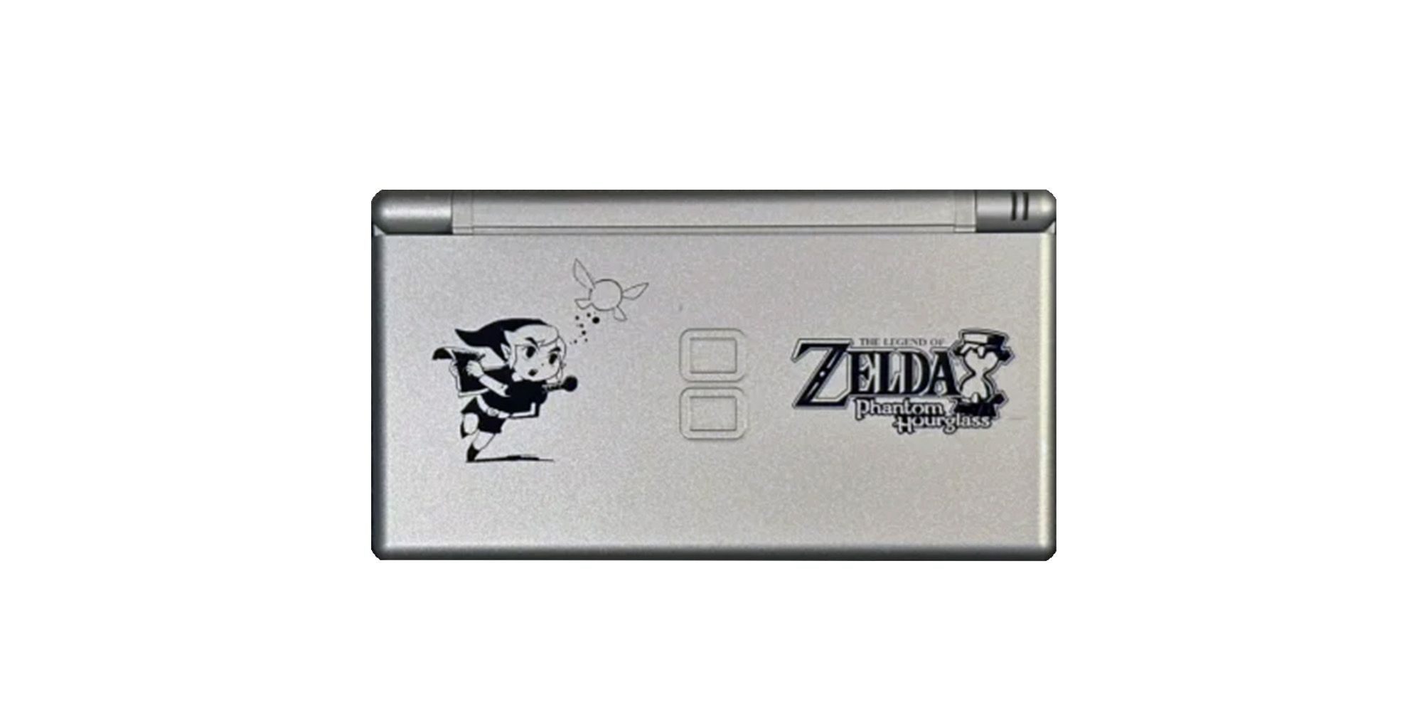 Silver Phantom Hourglass DS Lite released in the UK with an image of Toon Link and the game's logo and title.