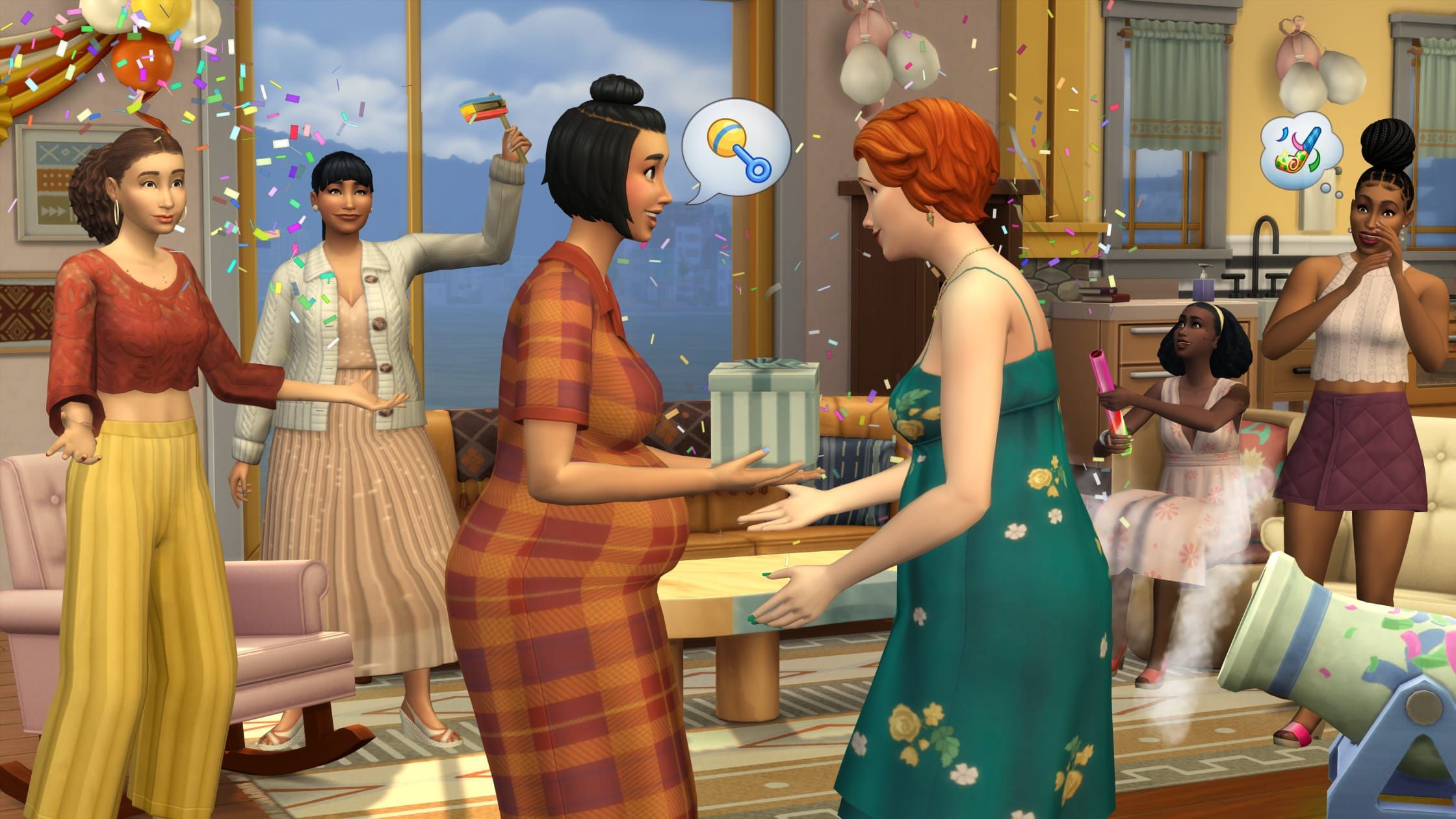 Sims 4 Baby Shower event showing a pregnant woman talking to another Sim.