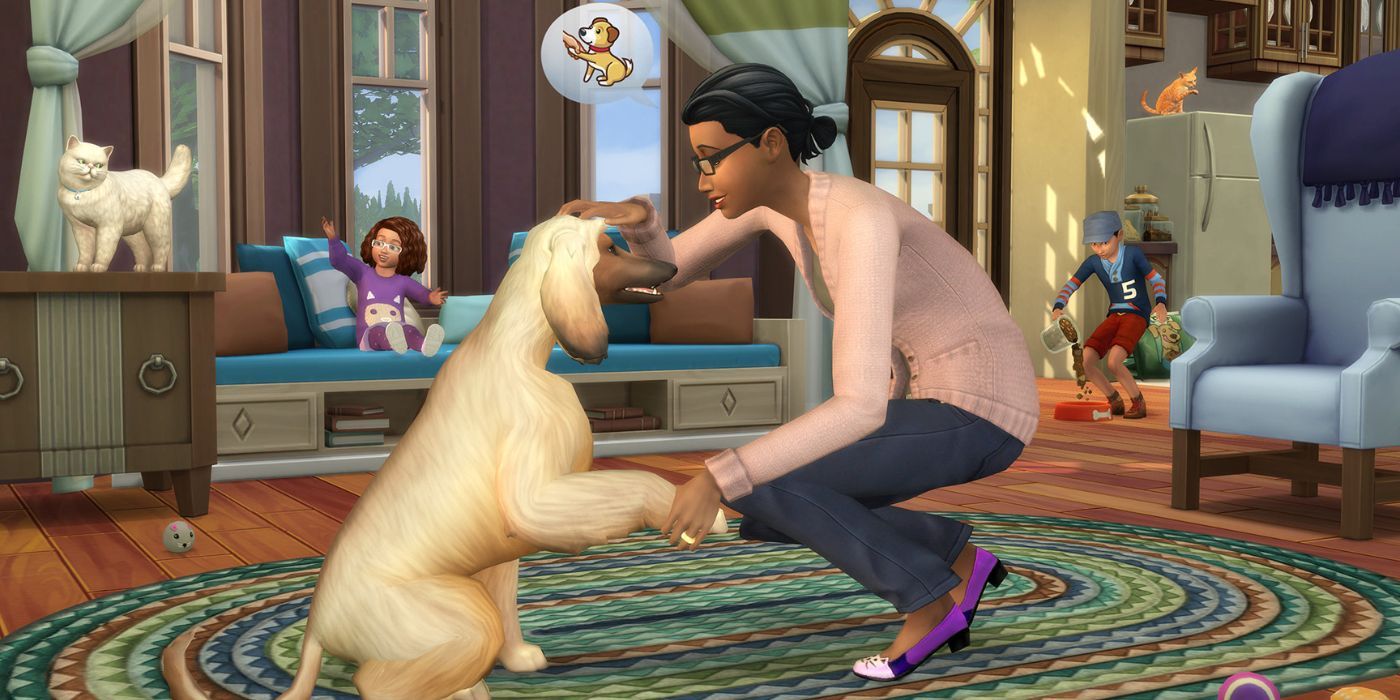 Um Sim acariciando um grande cachorro branco em The Sims 4.